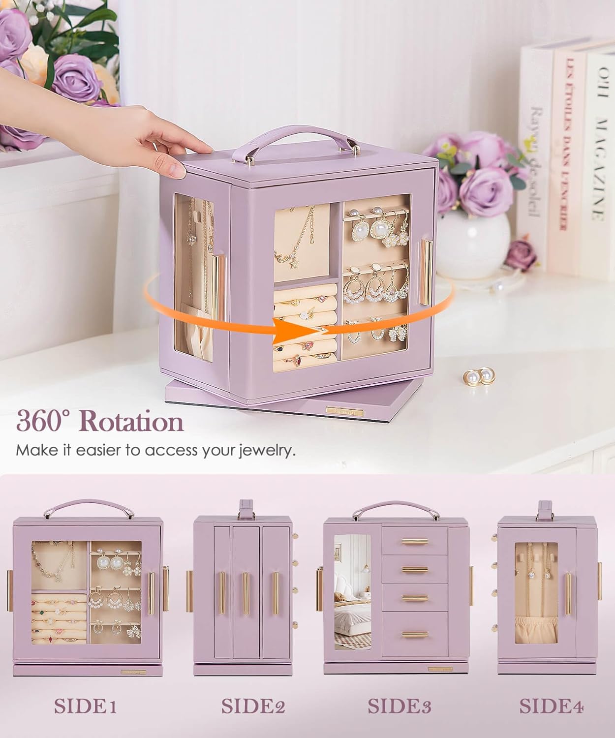 Homde Christmas Gifts Jewelry Box 360° Rotating, Necklace Earring Organizer with Transparent Window, Mirror, 7 Drawers, Large Ring Display Storage Case for Girls Women (Grey Purple)