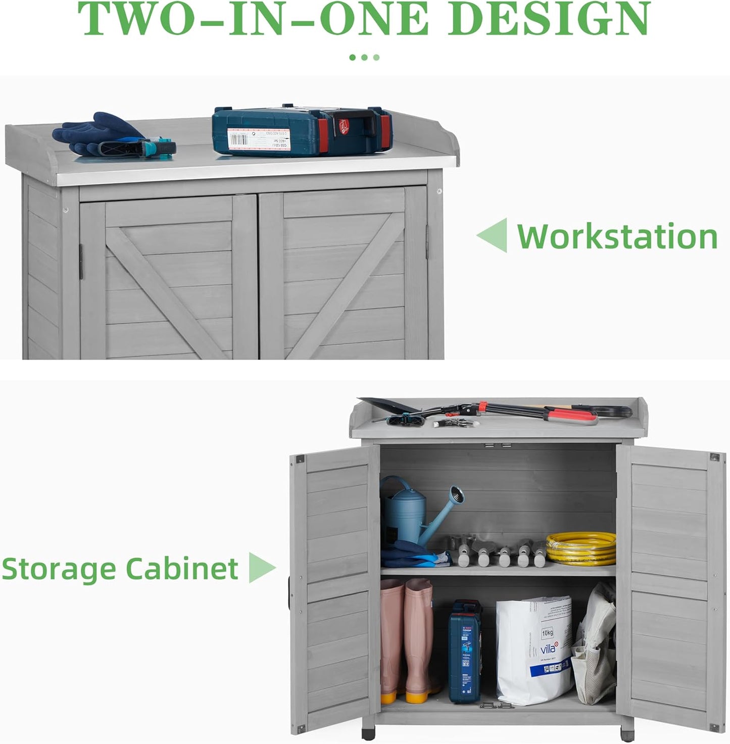Outdoor Potting Bench with Storage Cabinet and Metal Top, Wood Workstation for Outdoor Patio, Garden (Classic Grey, 31.5x17x39‘’)