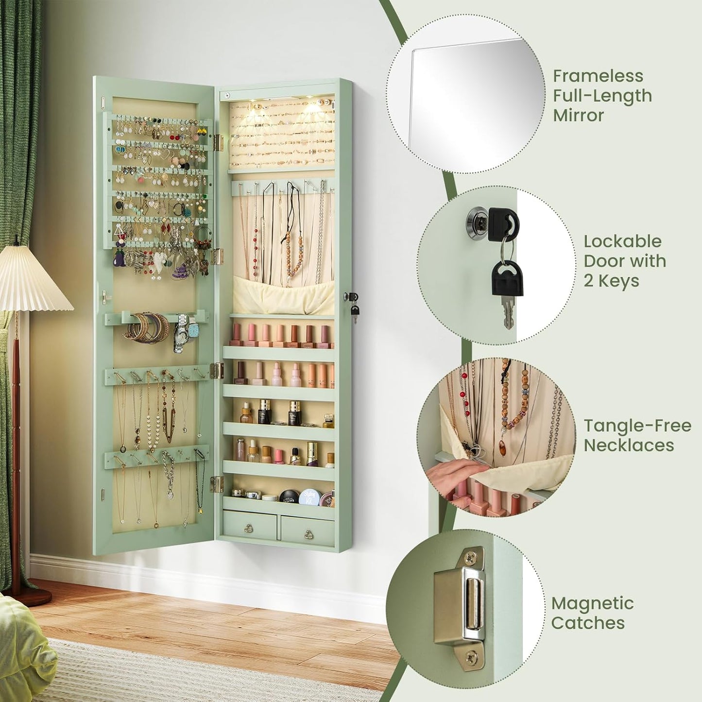 Giantex Wall Door Mounted Jewelry Armoire Cabinet with 47.5" Full Length Mirror, 2 LEDs Lockable Jewelry Organizers and Storage with 2 Drawers, Over the Door Jewelry Organizer Cabinet (Sage)