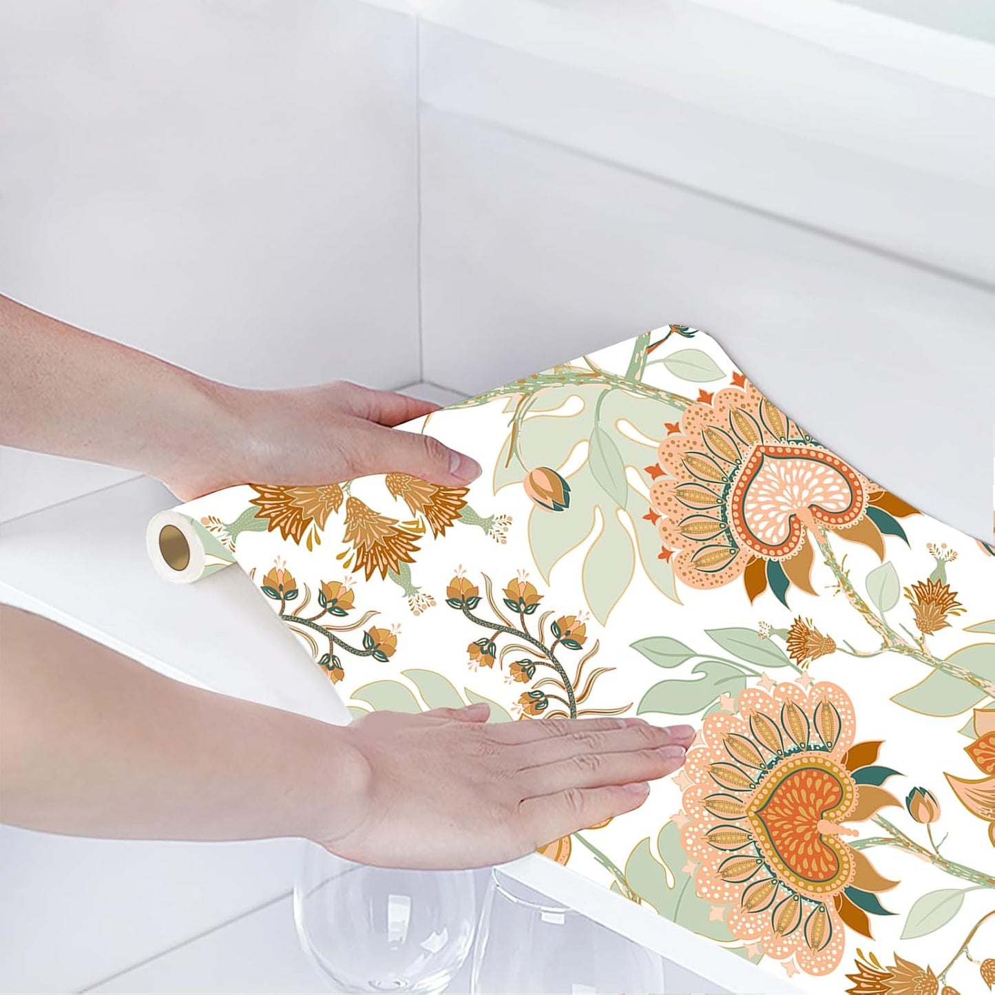 HAOKHOME Shelf Liner and Cabinet Liner Floral, Self-Adhesive Drawer Liners, Peel and Stick Contact Paper for Kitchen Cabinets and Cupboard,Bedroom Drawers, White/Light Green/Pink 17.3in x 6.5ft