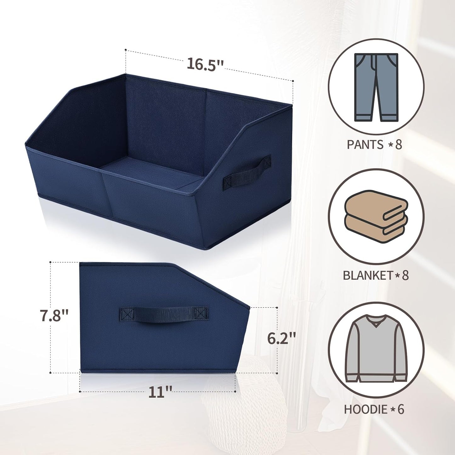 Closet Baskets for Shelves Trapezoid - Decorative Storage Baskets with Handle, Closet Bins for Organization, Shelf Storage Bins for Clothes, Books, Home, Office, 10 Pack, Navy Blue