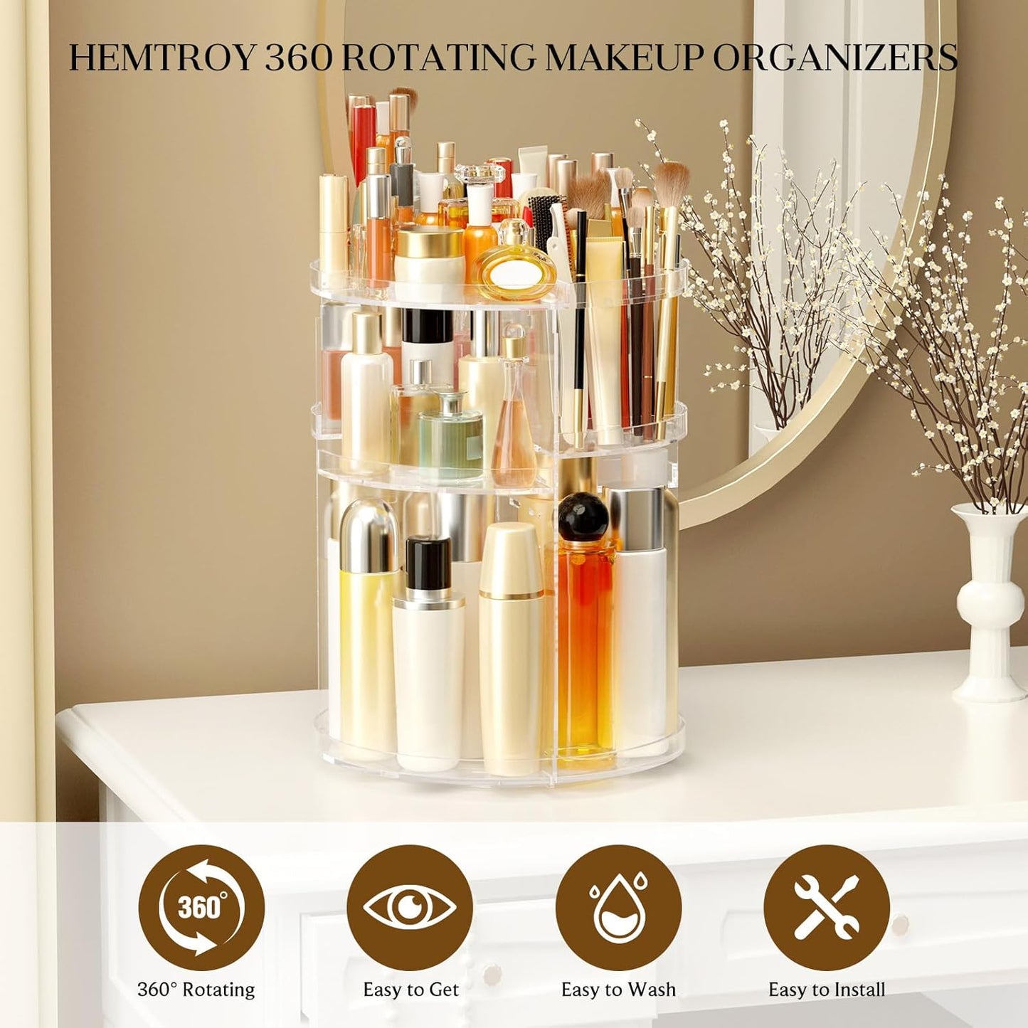 Makeup Organizer 360 rotating, Adjustable Skincare Organizer with Brush Holder, Cosmetics Display Cases for Vanity Bathroom Countertop Large Capacity Carousel Make up Caddy Shelf (Transparent)