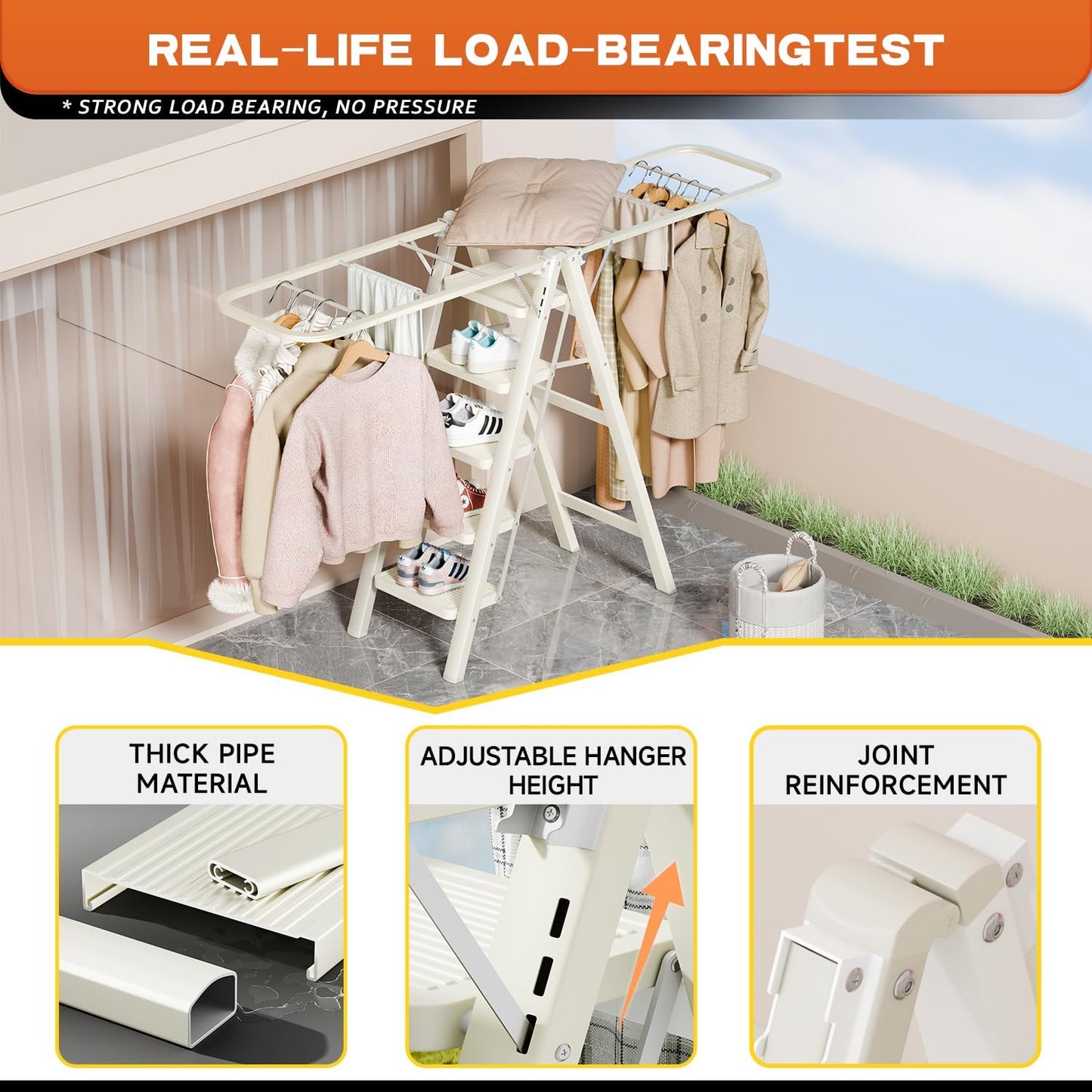 Multi-Functional 5 Step Ladder Used as Clothes Drying Rack,Sturdy Carbon Steel Ladder,Widened Pedal,Foldable & Portable Clothes Drying Rack, Space-Saving Design Indoor&Outdoor Drying (White)