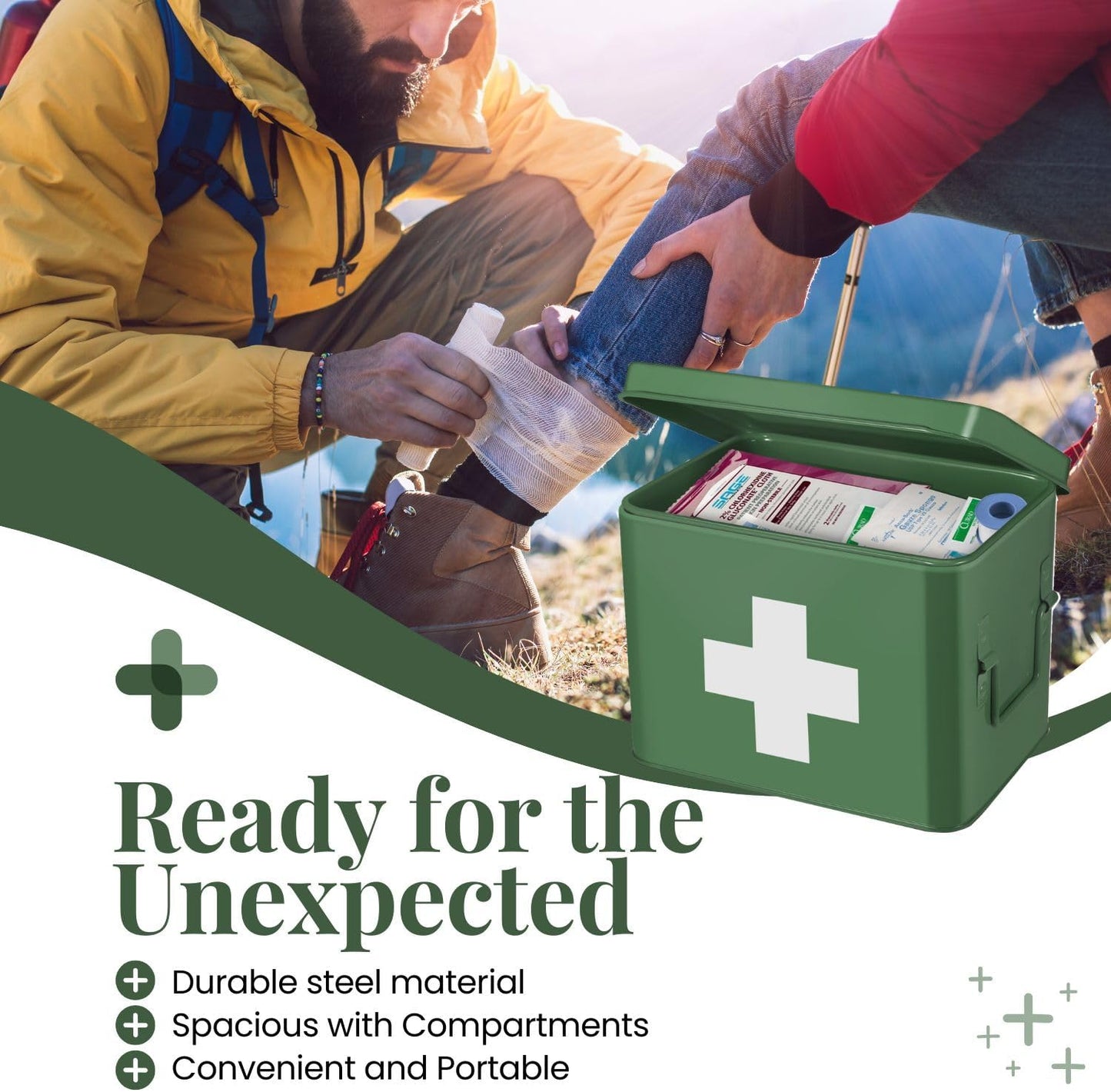 Flexzion Medicine Box, Home Pharmacy Box, 33 x 21 x 19 cm, Metal Medication Storage for Emergency, First Aid Cabinet, with Side Handles, Removable Tray & 5 Compartments, Green