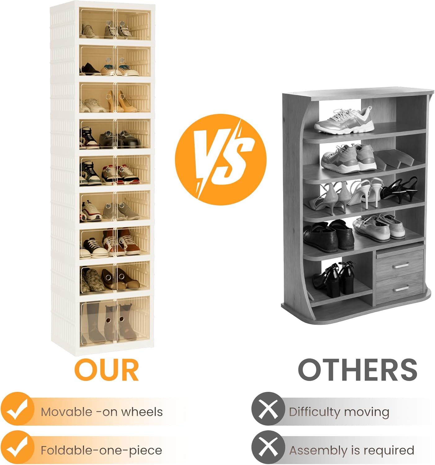 Foldable Shoe Organizer Storage Box Set of 2, Portable Extra Large Folding Shoe Rack for Closet, Shoe Storage Box with Magnetic Transparent Door and Wheels, 9 Layers 18 Grids with 2 Big Grids