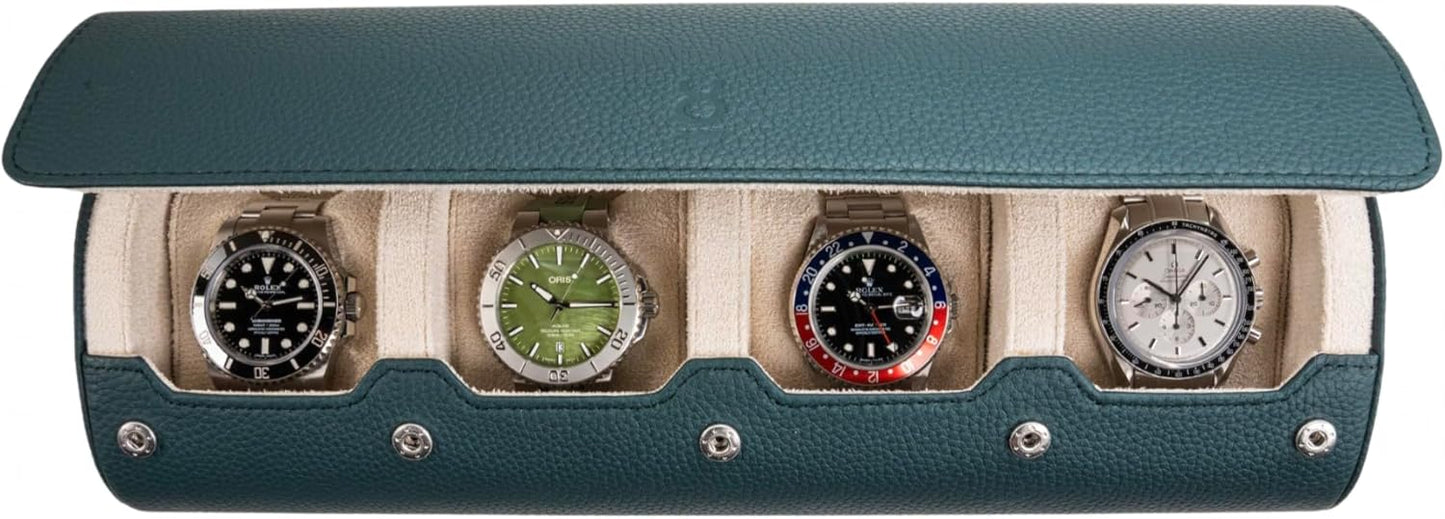 DailyWatch | Watch Roll Travel Case For 4 Watch | Luxury Watch Case In Genuine Leather With Soft Velvet Interior | Watch Case Protect, Store, & Display Your Watches | Dark Green Litchi