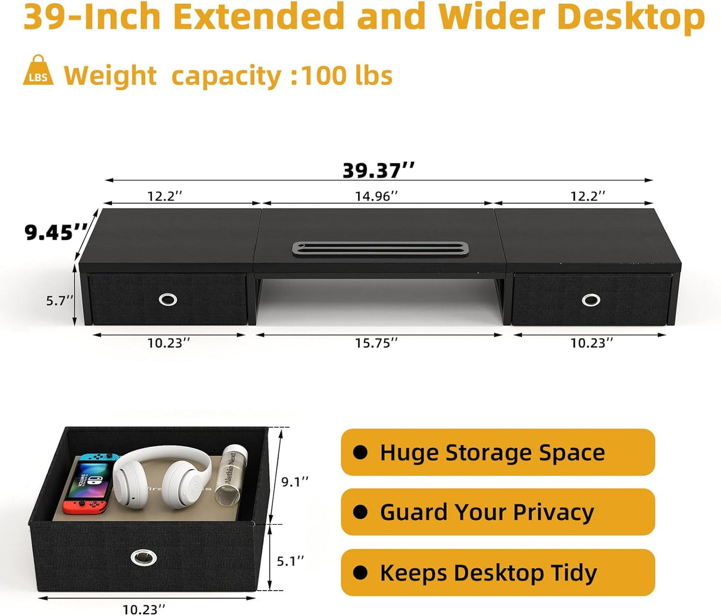 Dual Monitor Stand Riser with 2 Drawers - 39Inch Large Storage Computer Monitor Stands for 2 Monitors, Wooden Desktop Organizer Perfect for Home Office Desk, Computer, Laptop, TV, Black