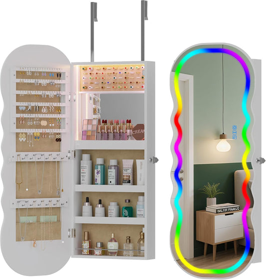 HNEBC LED Mirror Jewelry Cabinet with RGB Lights,42.5" Wall Mounted Jewelry Organizer with Full-Length Mirror,Over The Door Hanging Jewelry Armoire Storage Cabinet,Lockable,Wide Wavy Mirror