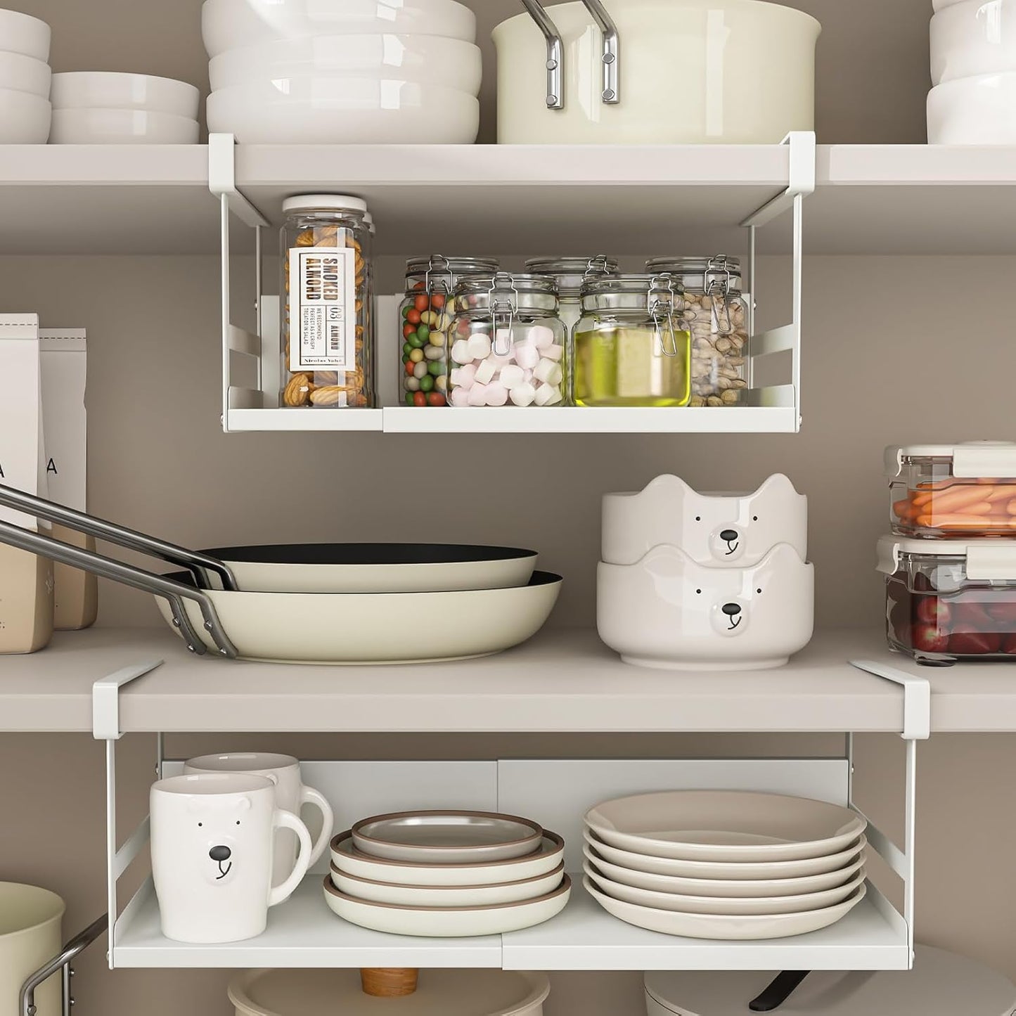 Expandable Under Cabinet Shelf Organizer with 0.94-Inch Thick Clips, Heavy Duty Extendable Under Shelf Storage Basket for Pantry or Laundry Room, White, 2 Pack, Interior: 4.13" H x 8.54" D