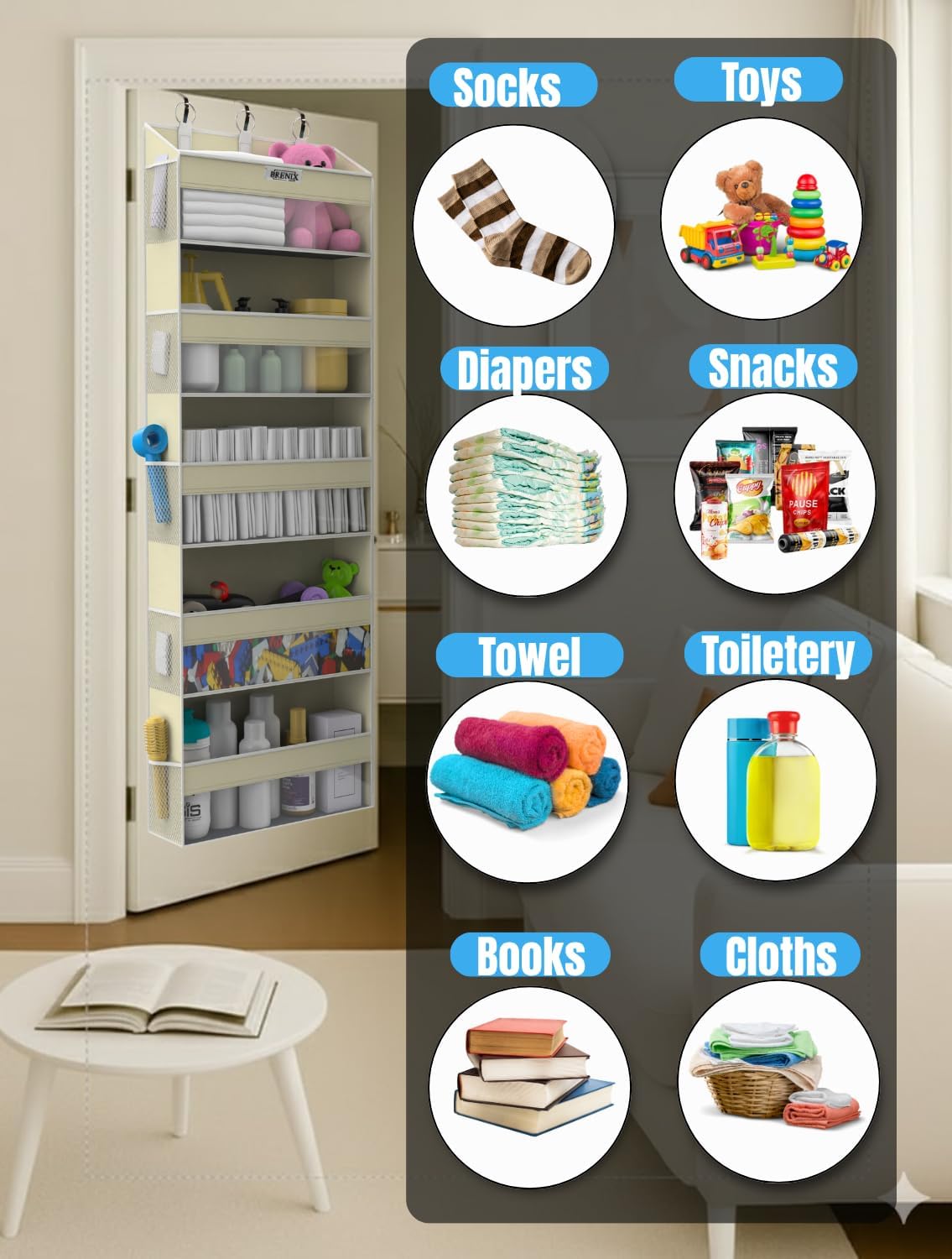 Over the Door Organizer with 5 Large Pockets & 10 Mesh Side Pockets – Durable Hanging Storage for Closet, Bathroom, Bedroom, and Nursery– Space Saving Door Storage with Sturdy Metal Hooks.