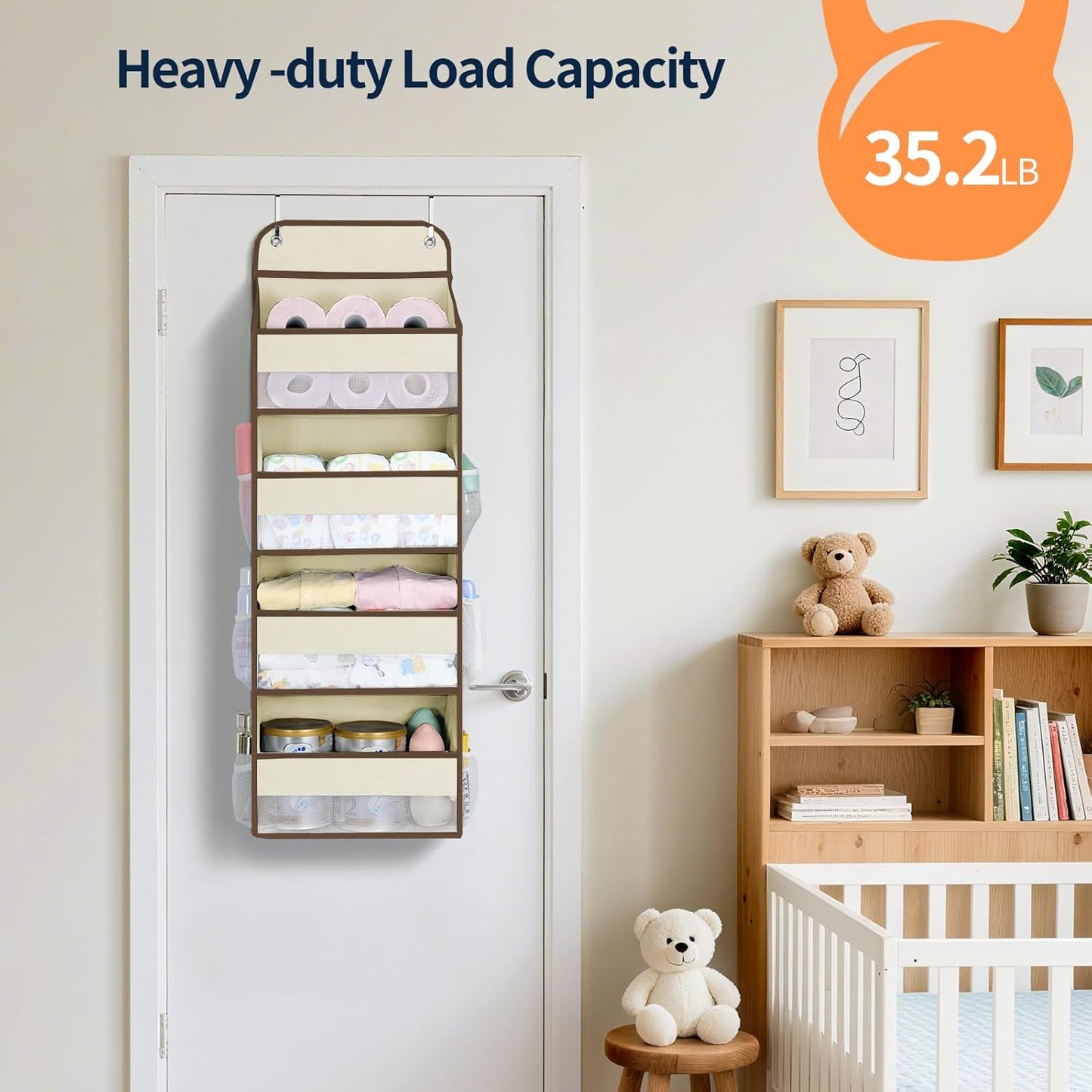 Yecaye Over The Door Organizer, Heavy Duty Hanging Organizers and Storage with 4 Large Capacity Pockets, Swing-Proof Behind The Door Storage for Bathroom Nursery Bedroom Dorm Closet, Beige