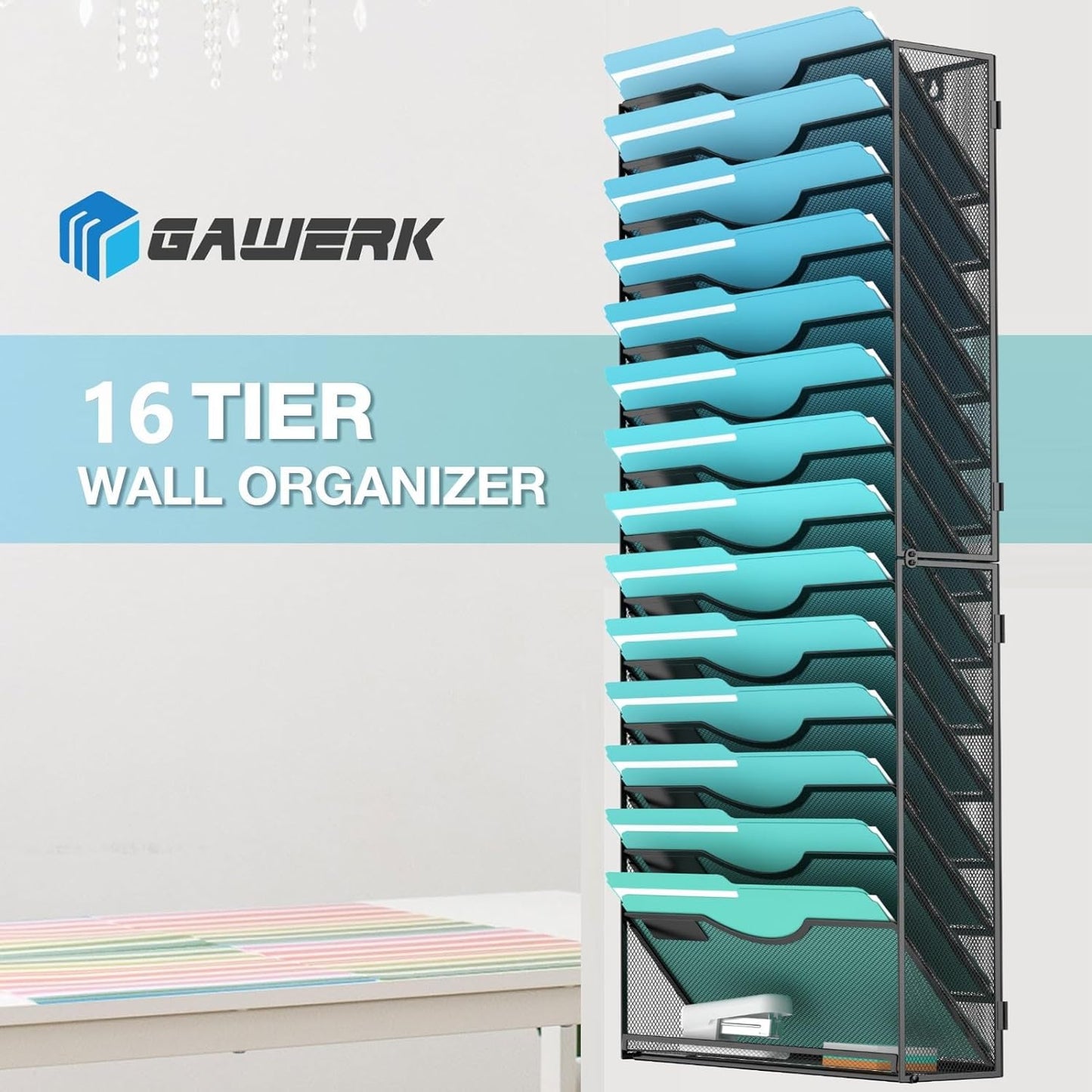 15-Tier Wall File Organizer Hanging Wall File Holder Wall Mount Paper Folder Organize, Mesh Magazine Document Mail Organizer Wall Organizer for Office School Home, Black