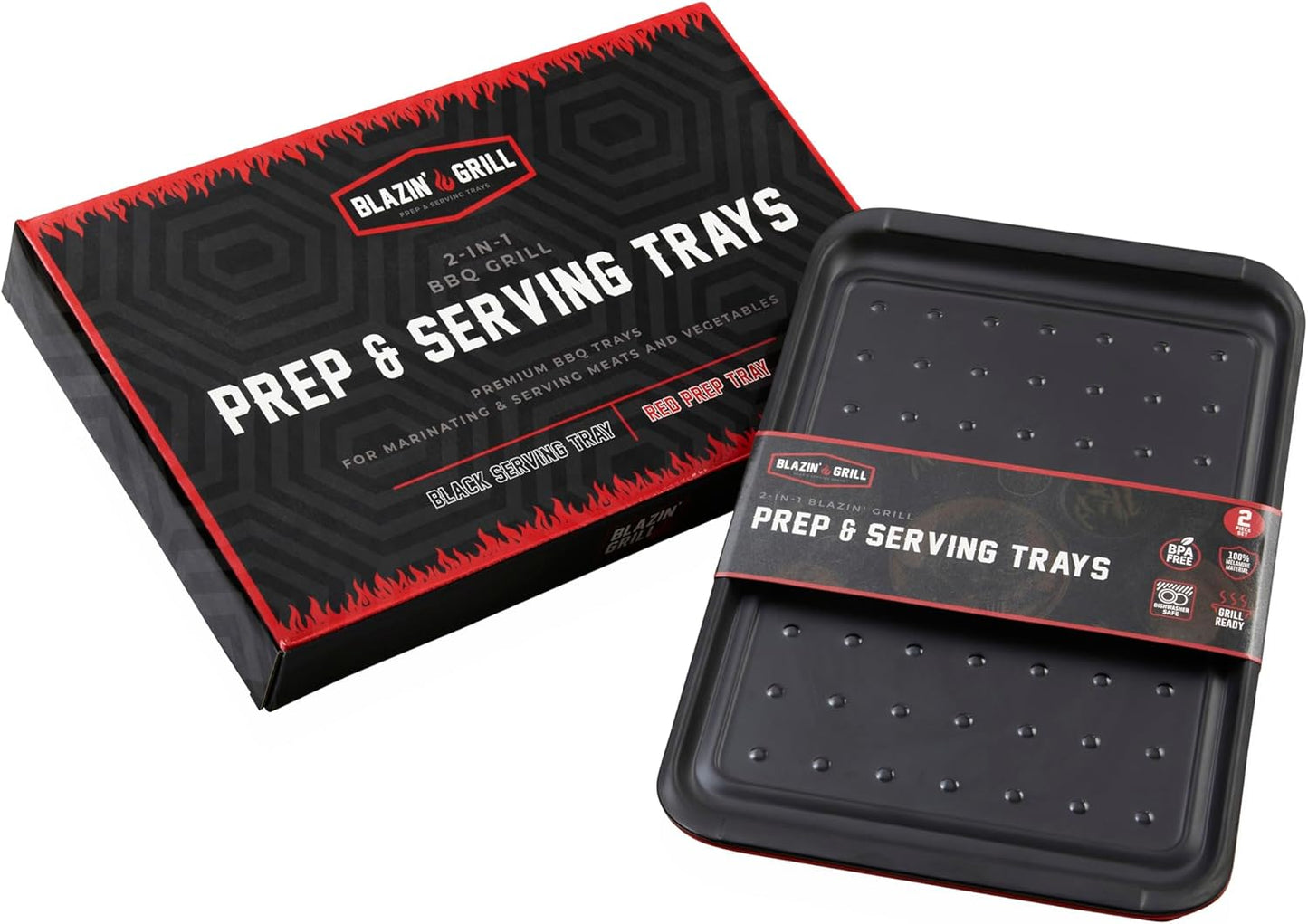 BLAZIN' GRILL Prep and Serve Trays | Set of 2 Stackable, Melamine Trays | Serving Tray & Marinating Tray | Serving Platter for Plating Food & BBQ Prep Tub for Marinating Meats | Grill Accessories |