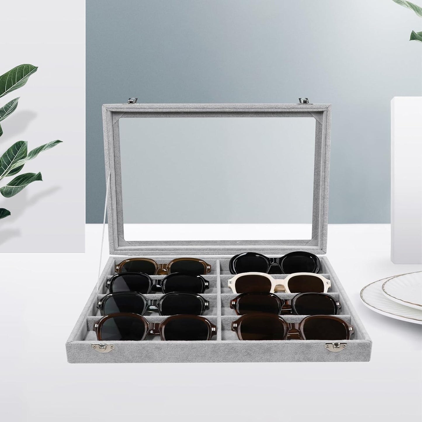Wudygirl Jewelry organizer Sunglass Organizer 8 Slot Velvet Jewelry Tray Sunglasses Case with Lid Multi Eyeglass Case for Women Men（8 Grid