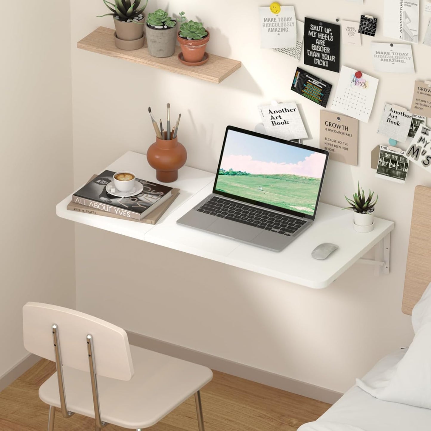 TEAMIX Wall Mounted Desk, White Folding Table for Small Spaces, Wall Floating Desk with Heavy Duty Brackets for Laundry Room,Kitchen,Office Storage
