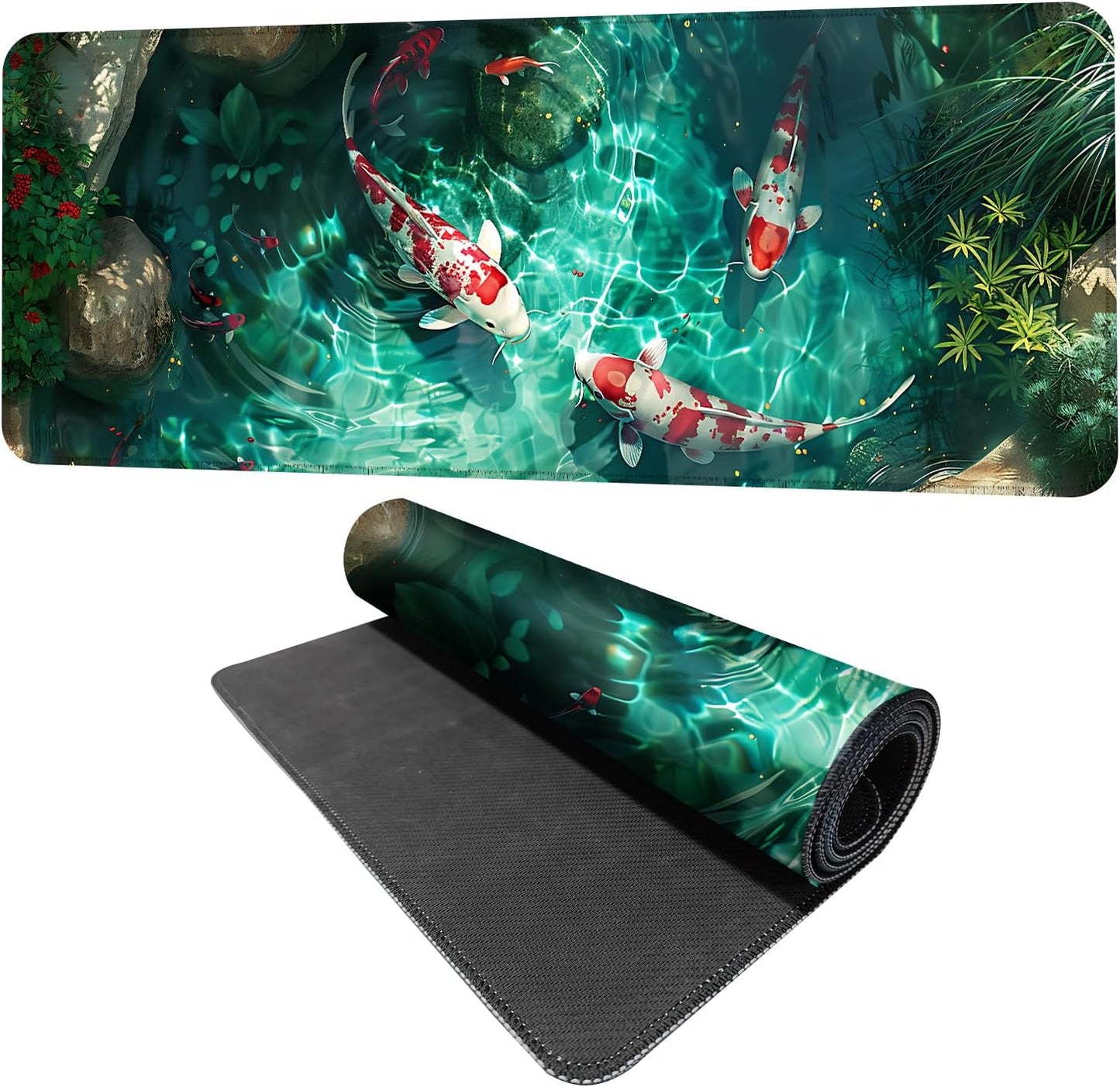 Koi Fish Mouse Pad XXL – Large Japanese Pond Desk Mat with Water Reflection, Extended Non-Slip Gaming Mousepad for Office, Home, Laptop, Workstation, 31.5 x 11.8 in