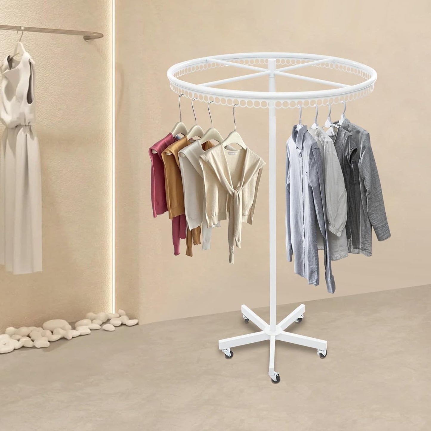 360° Rotatable Round Clothes Rack, Floor Standing Rotating Clothes Rack, 45.7-74.8in Height Adjustable, Floorstanding Multifunctional Coat Stand for Retail Stores, Gift Stores