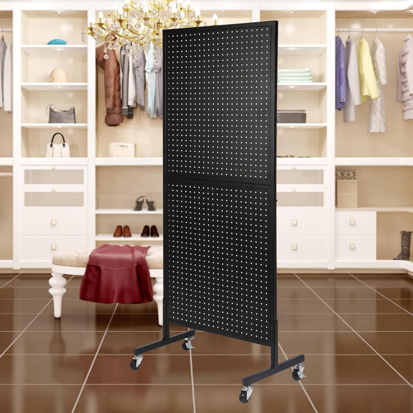 Eastern Tree Metal Pegboard Display Stand 2'x 5'with 30 Hooks, Pegboard Panels Display with Wheels, Peg Board Display Rack, Standing Pegboard Display- Black