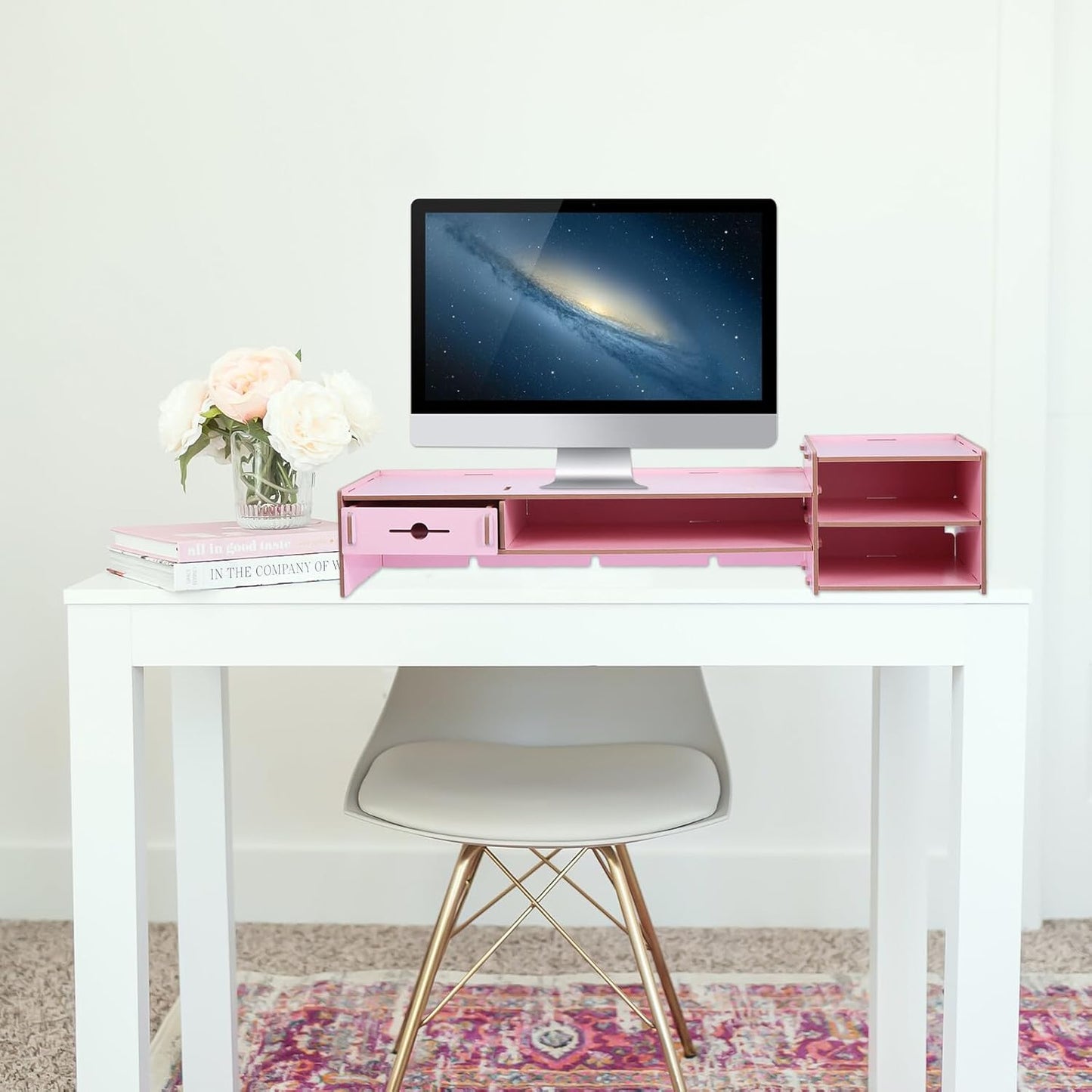 Pink Computer Monitor Stand Riser with Drawer Desktop Organizer Storage Box Office Desk Storage for Home School Space-saving Monitor Riser Stand