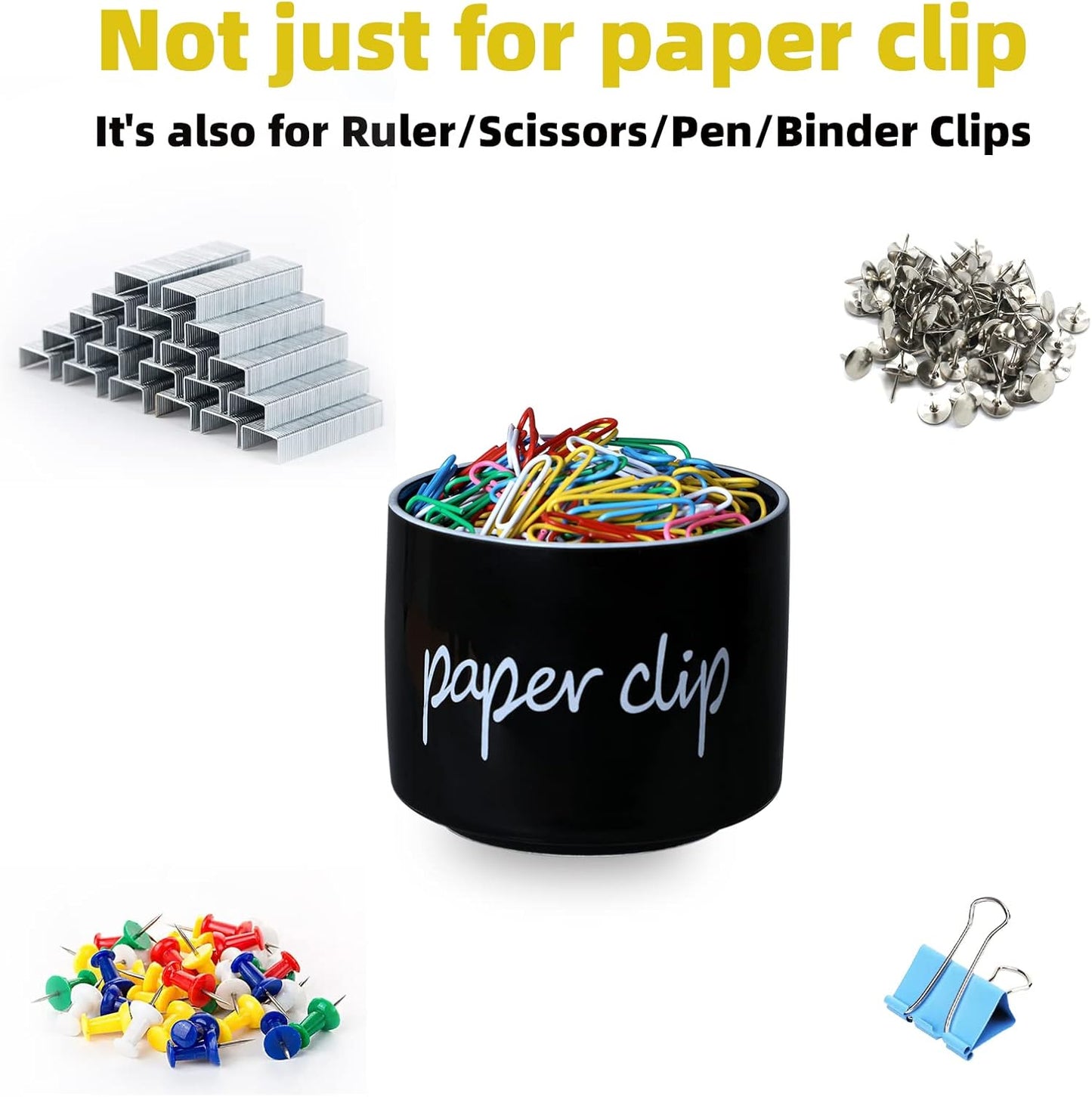ONTUBE Farmhouse Paper Clip Holders,Ceramic Binder Clip Dispenser Organizer for Desk ,Cute Office Push Pins Holder (Black)