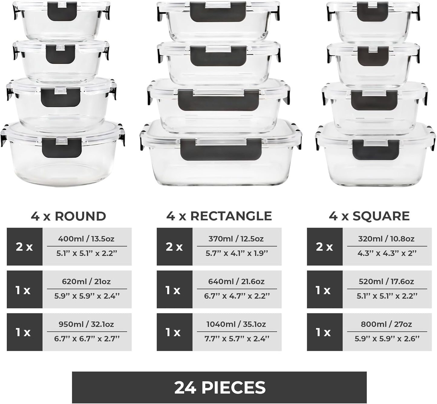 Freshware Glass Storage Containers with Lids, 24 Pieces, 12 Containers with 12 Lids, Glass Meal Prep Container for Lunch, Food Storage Containers, Leak Proof, Freezer Safe, Clear