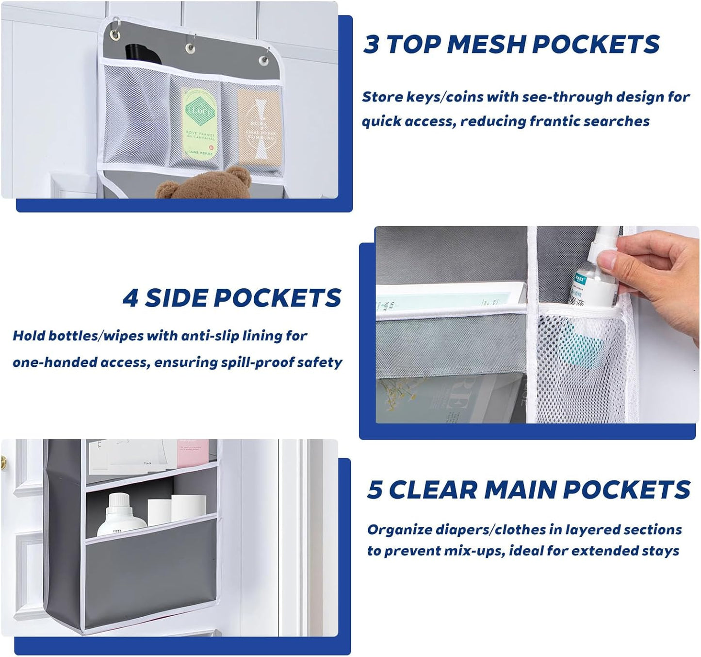 Over The Door Organizer 6 Tier with 12 Pockets & Reinforced Hooks - 59" Hanging Storage Organizer for Bathroom, Nursery, Pantry & Laundry (Light Grey)