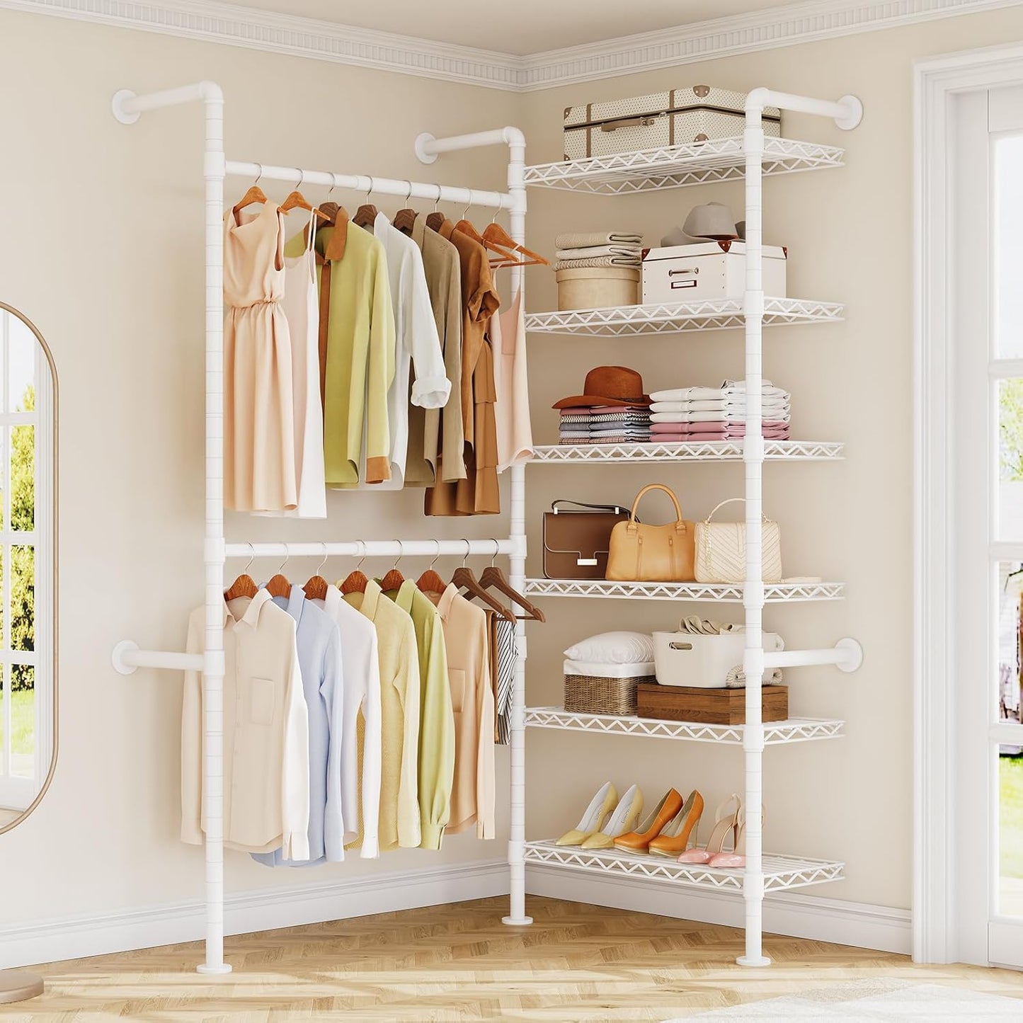 L2 Wall Mounted Closet System, Industrial Pipe Clothing Rack Clothes Racks with 2 Telescopic Rod & 6 Shelves, Heavy Duty Closet Organizers System in Wardrobe Closet, White
