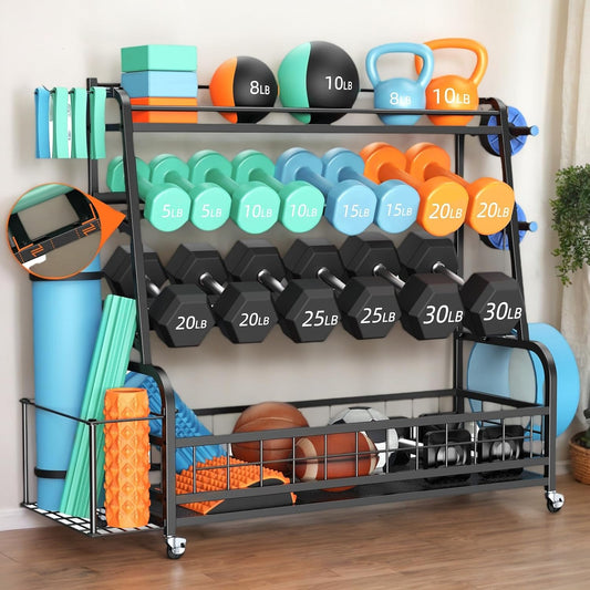 4-Tier Dumbbell Rack Weight Stand - Adjustable Weight Rack,Home Gym Storage for Dumbbells Kettlebells Yoga Mat and Balls, All in One Workout Storage with Wheels and Hooks,Powder Coated Finish Steel