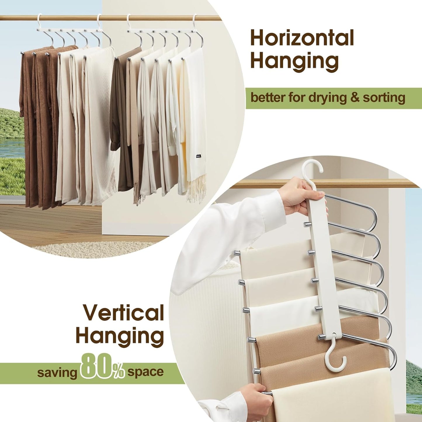 Space Saving Pants Hanger 6 Tier - Stainless Steel No Slip Multi Trouser Rack for Jeans, Slacks, Scarves - Vertical Folding Closet Organizer Saver for Men Women, 2 Pack