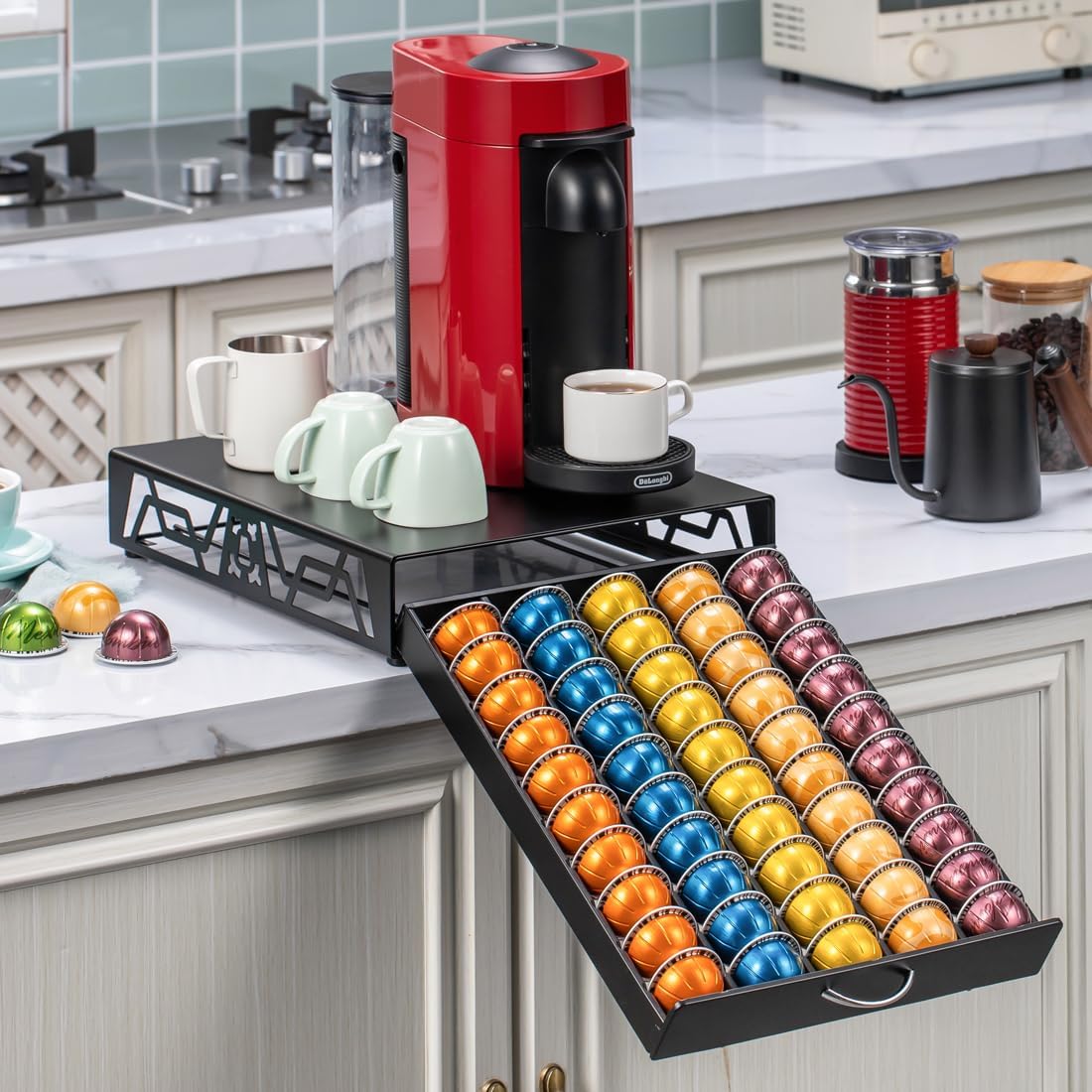 FlagShip Vertuo Pod Storage - Modern Black Metal Coffee Capsule Organizer & Space-Saving Pod Holder for Coffee Machines, Spacious 50 Vertuo Pods Capacity