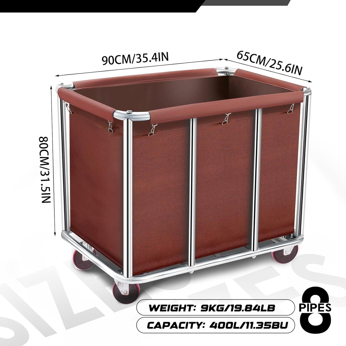 Commercial Laundry Cart with Wheels, 11.35 Bushel Large Laundry Tumbler with Removable Waterproof Canvas Lined Basket, Heavy Duty Stainless Steel Laundry Basket for Hotels and Hospitals