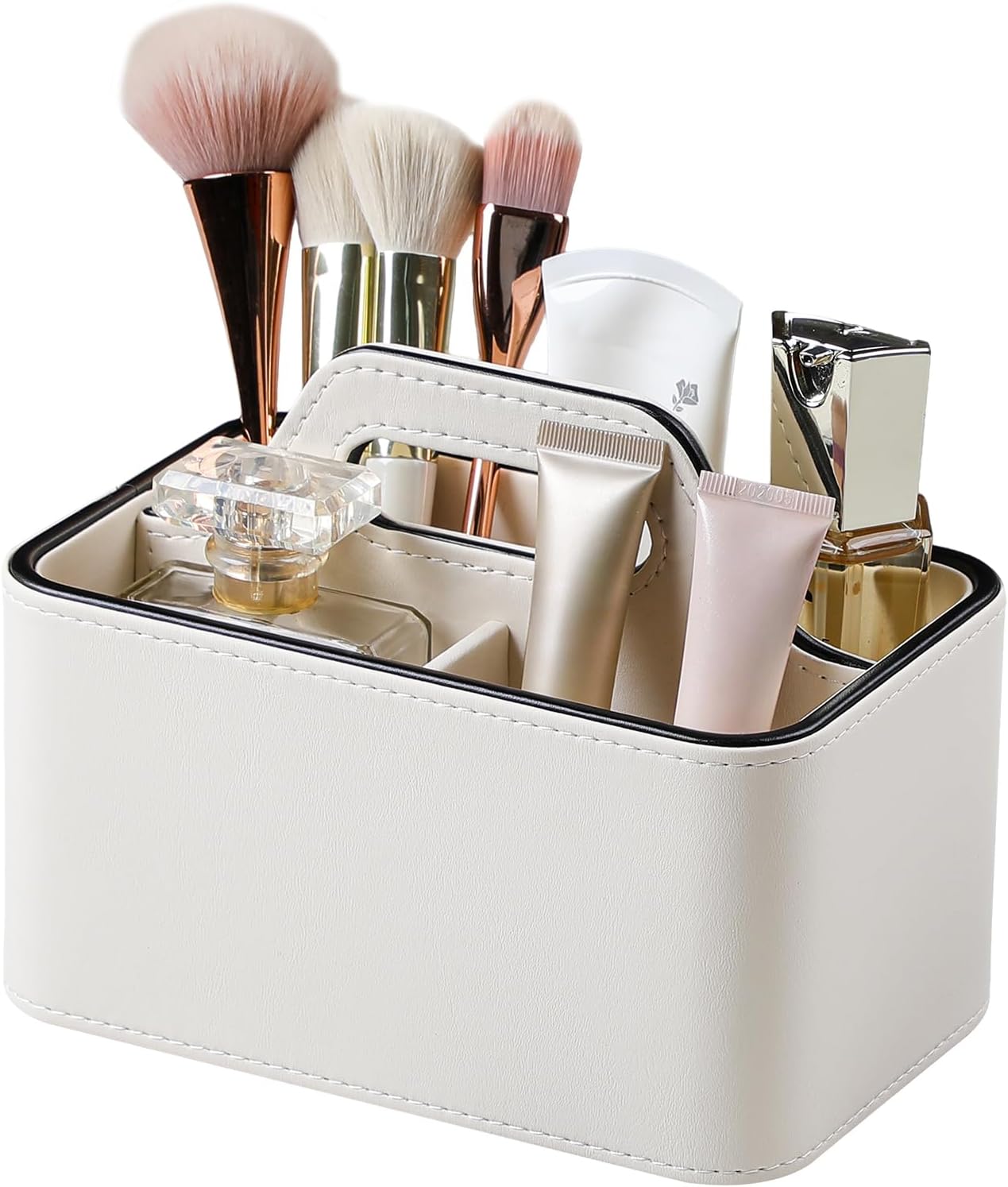 Caddy Organizer with Handle, PU Leather Remote Control Holder Desk Caddy, Portable Makeup Office Supply Organizer for Bathroom, Nightstand, Dresser (Cream)