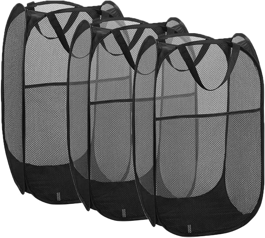 Larpur 3 Pack Pop Up Laundry Hampers, Collapsible Mesh Laundry Baskets, Portable Foldable Clothes Hampers for Dorm, Home, Bedroom, Bathroom, RV Cruise, Black