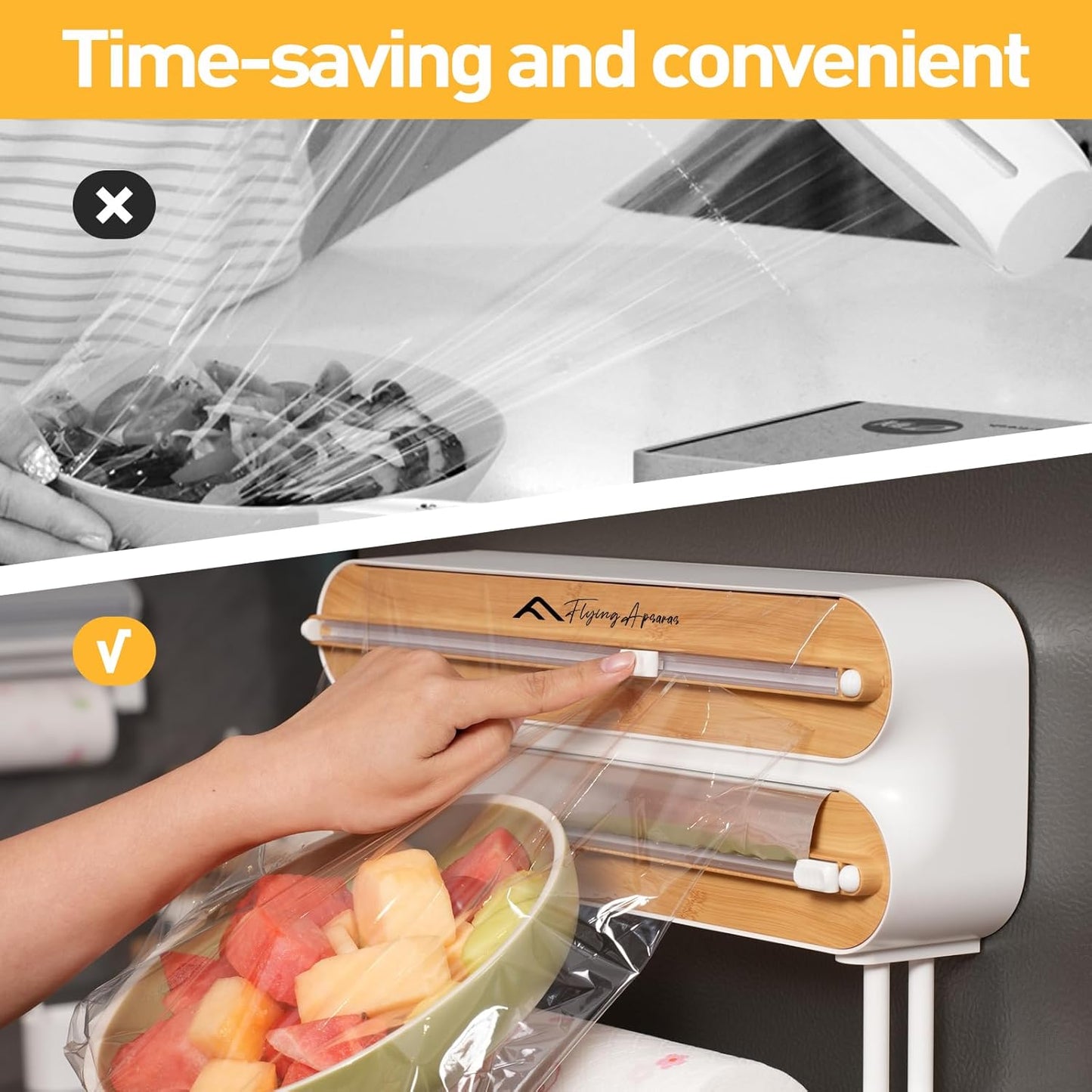 APSARAS USA Magnetic Plastic Wrap Dispenser with Cutter, 3 in 1 Aluminum Foil wrap Organizer, Practical Refillable Cling Wrap Film Cutter, Wall Mount Kitchen Wrap Dispenser, Include 2 * 12" Rolls