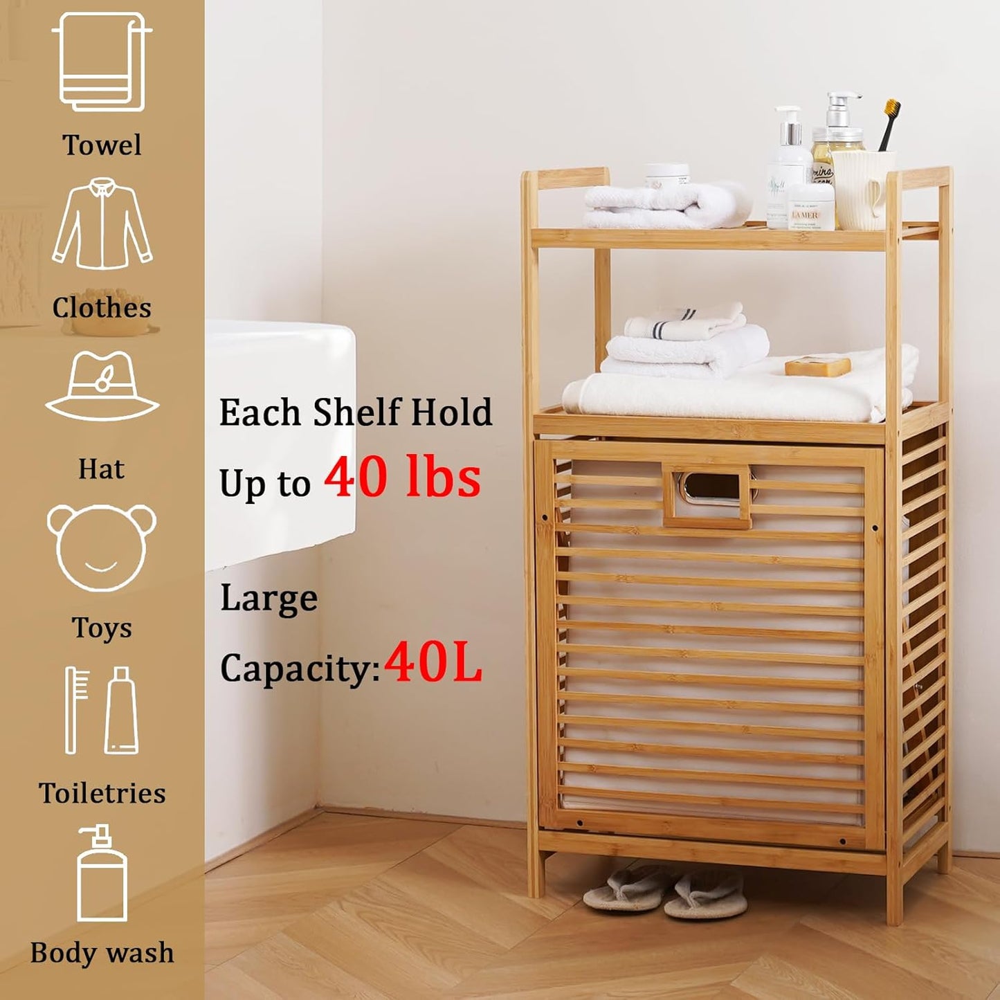 Laundry Hamper with 2-Tier Shelves & Tilt Out Basket, Laundry Baskets Organizer Hampers Bathroom Storage Shelf for Laundry Room, Bathroom, Nursery, Bedroom, Guest Room, Closet (2 Tier - Large)