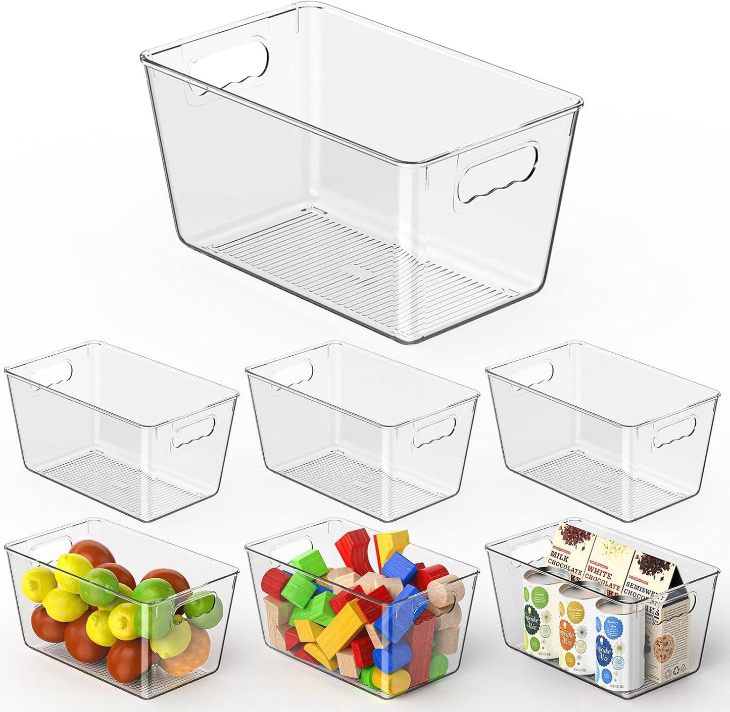 Clear Pantry Organizer Bins, Storage Containers & Plastic Containers with Handle, Cabinet Organizer, Home Organization Must Haves for Kitchen, Laundry Room, Office, Closet & Freezer (6 Pack)