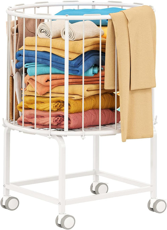 29-Gallon(110 L) Laundry Cart with Wheels,Rolling Round Metal Laundry Basket Cart with Elastic Cord,2 Locking Wheels-White
