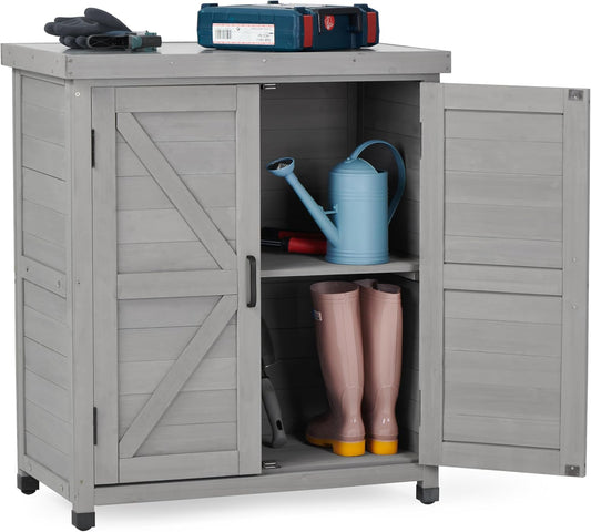 Outdoor Potting Bench with Storage Cabinet and Metal Top, Wood Workstation for Outdoor Patio, Garden (Dark Grey, 31x17x36‘’)
