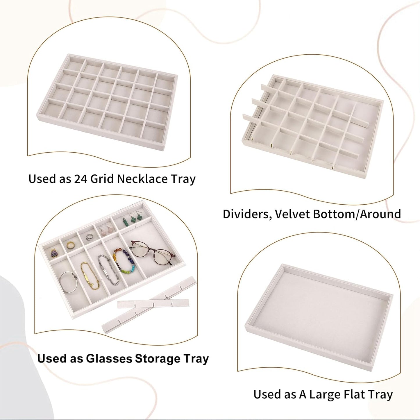 Mornajina 24 Grids Velvet Jewelry Tray Jewelry Display Tray, Stackable Empty Plate Trays for Earrings Necklaces Bracelet Rings Display Showcase - Beige