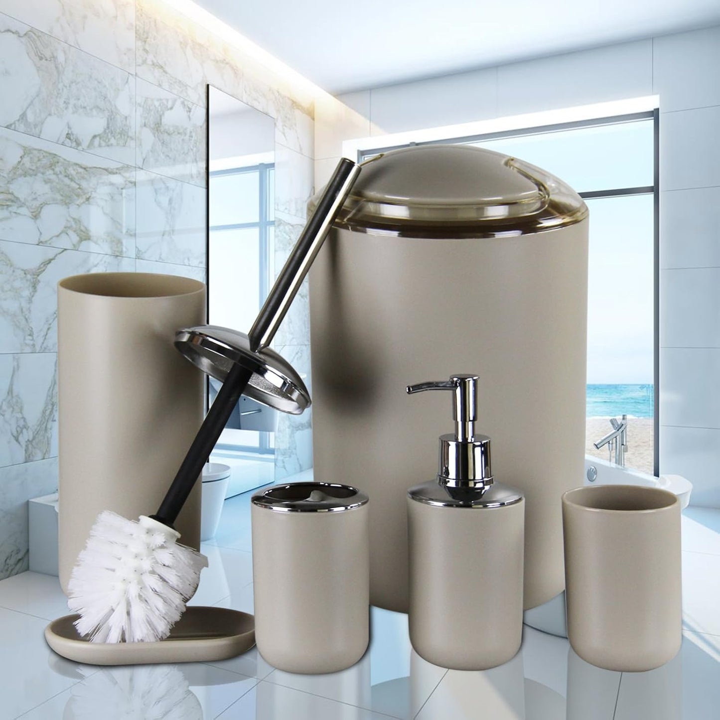 IMAVO Bathroom Accessories Set,Bathroom Set,7 Pieces Bathroom Accessory Set,Tray,Toilet Brush,Trash Can for Bathroom Décor and Housewarming Gifts