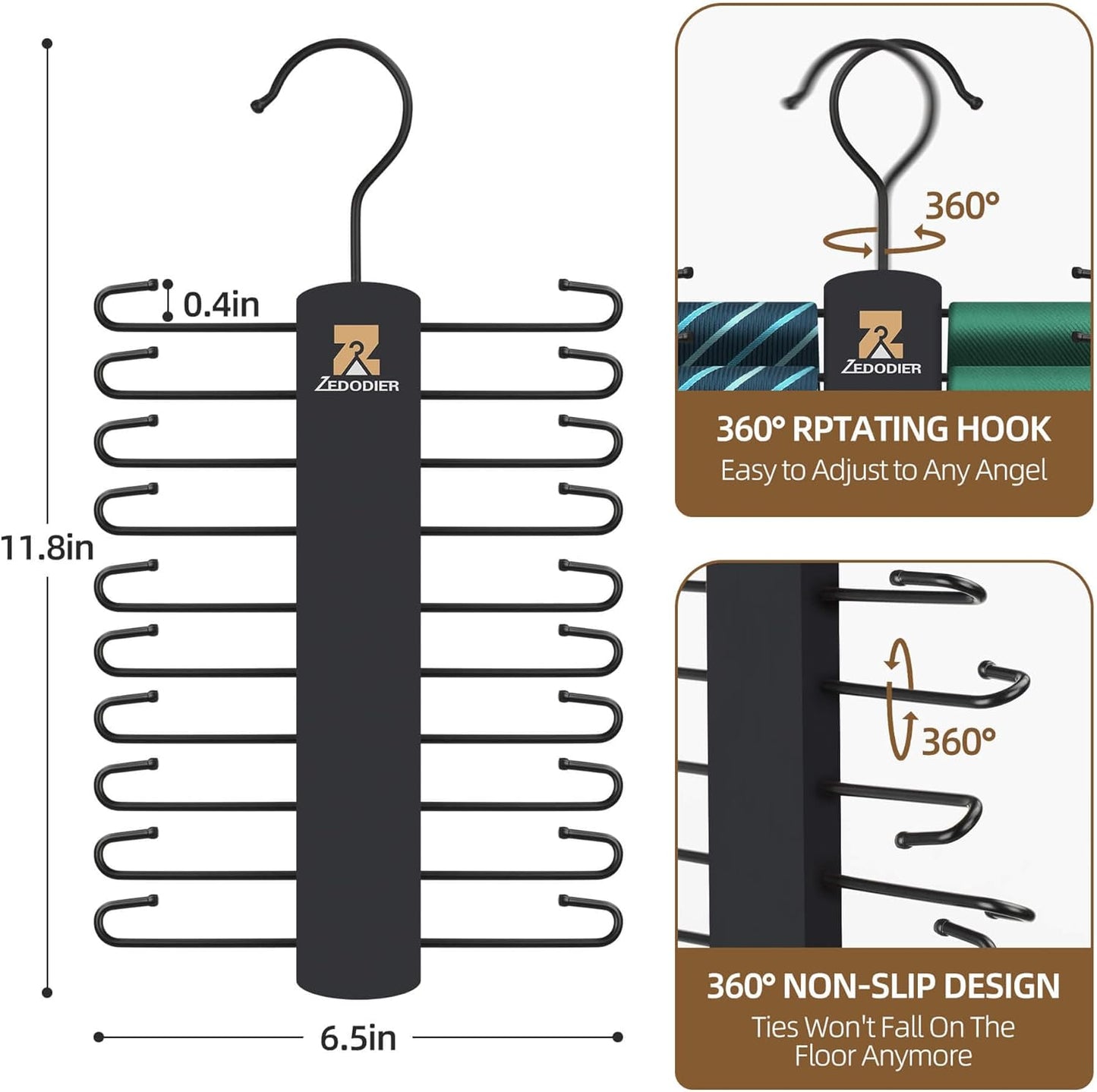 ZEDODIER 2 Pack Tie Hanger with 40 Hooks, Space Saving Necktie Organizer for Men, Large Capacity Tie and Belt Wooden Hanger for Closet, Black
