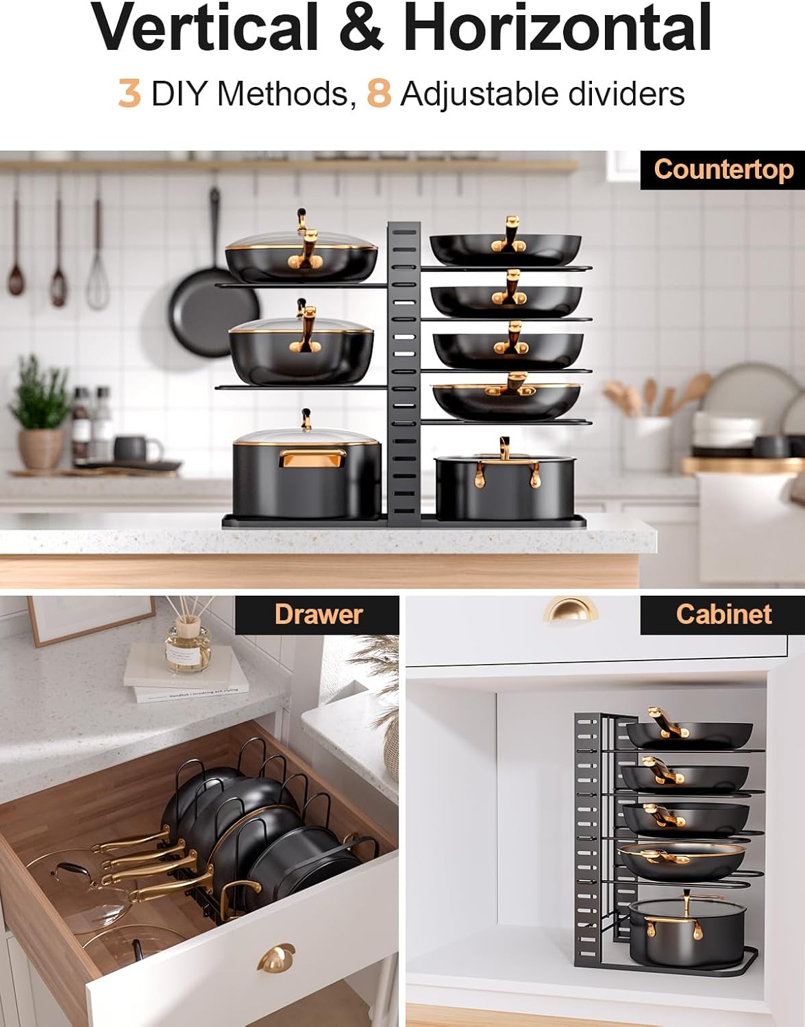 MUDEELA Pots and Pans Organizer Rack under Cabinet 14.55in Height, 8-Tiers Adjustable Pot Rack with 3 DIY Methods, Pot Lid Organizer inside Cabinet for Kitchen Pantry Organization and Storage