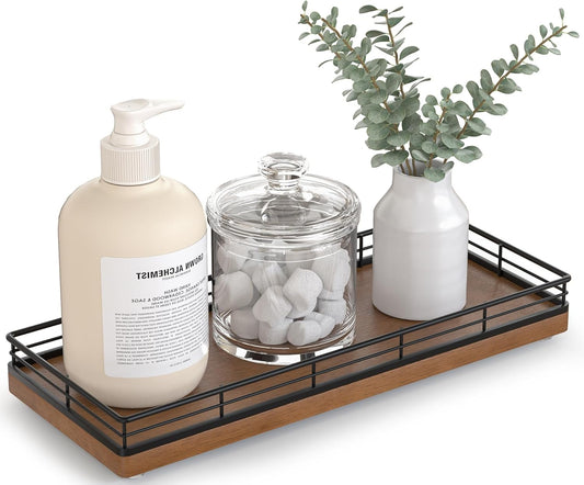 Bathroom Tray for Counter Top Organizer – Oak Wood Vanity Tray with Metal Frame for Dresser, Kitchen, Nightstand – Black & Brown Decorative Storage