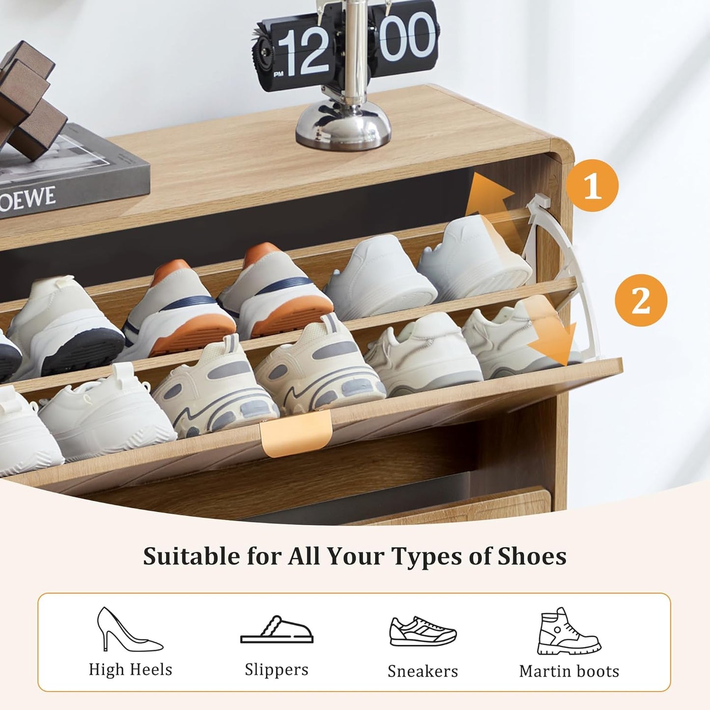 ORRD Shoe Storage Cabinet for Entryway with 2 Flip Drawers Set of 2, Freestanding Narrow Wood Shoe Cabinet with Wave Panel, Hidden Shoe Organizer for Foyer, Hallway (Natural)