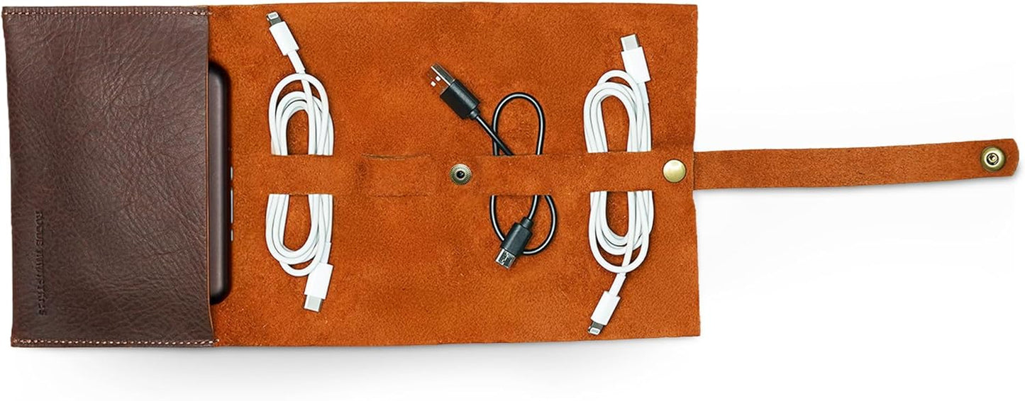 ROGUE WALLET Handcrafted Genuine Leather Tech Organizer - Spacious Phone Cord Organizer, Wide Storage Pockets - Durable & Easy to Maintain Cable Storage Bag for Everyday Use (Brown)