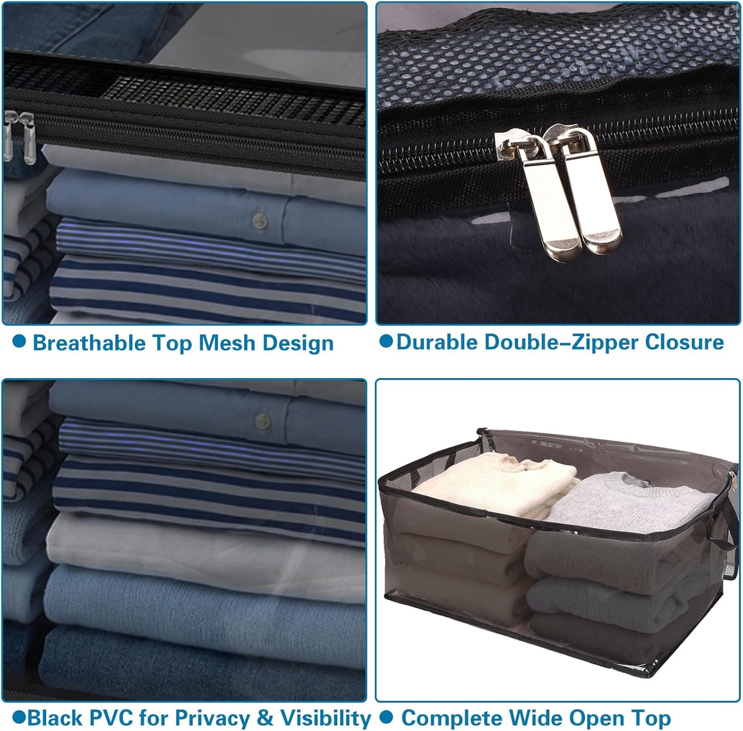 Fixwal 80L Large Storage Bags 4 Pack Clothes Storage Bins Foldable Thick Blanket Storage Closet Organizers Storage Containers with Reinforced Handle for Clothing, Blanket, Comforters(Black, PVC)