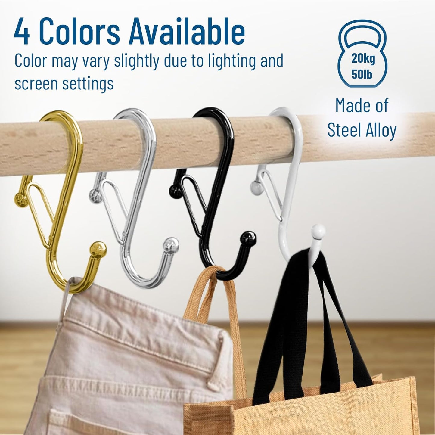 10-Pack Metal S Hooks for Hanging – Heavy-Duty S-Shaped Hook with Safety Buckle – Fits Bars up to 0.6 in – Anti-Drop Hooks for Kitchen, Pot Racks & Towel Bars – Black (Small)