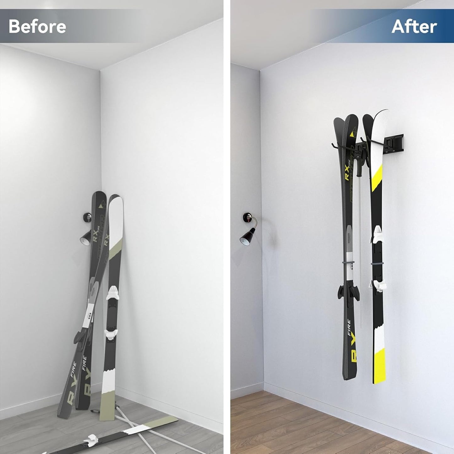 WALMANN Wall Mounted Ski Rack, Garage Ski Storage for 4 Pairs of Skis Mount Hanger Home Shed and Garage Snowboard Wall Rack Holds Up to 200 lbs