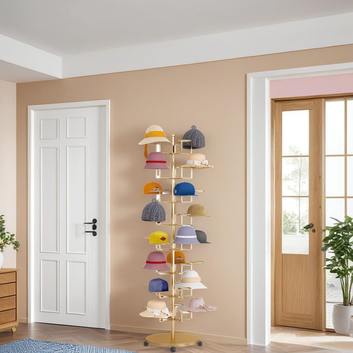 Hat Rack Stand 40-Hooks, Hat Display Stand Metal,Hat Display for Stores， Home or Store of Standing hat Rack(Gold,8th Floor)