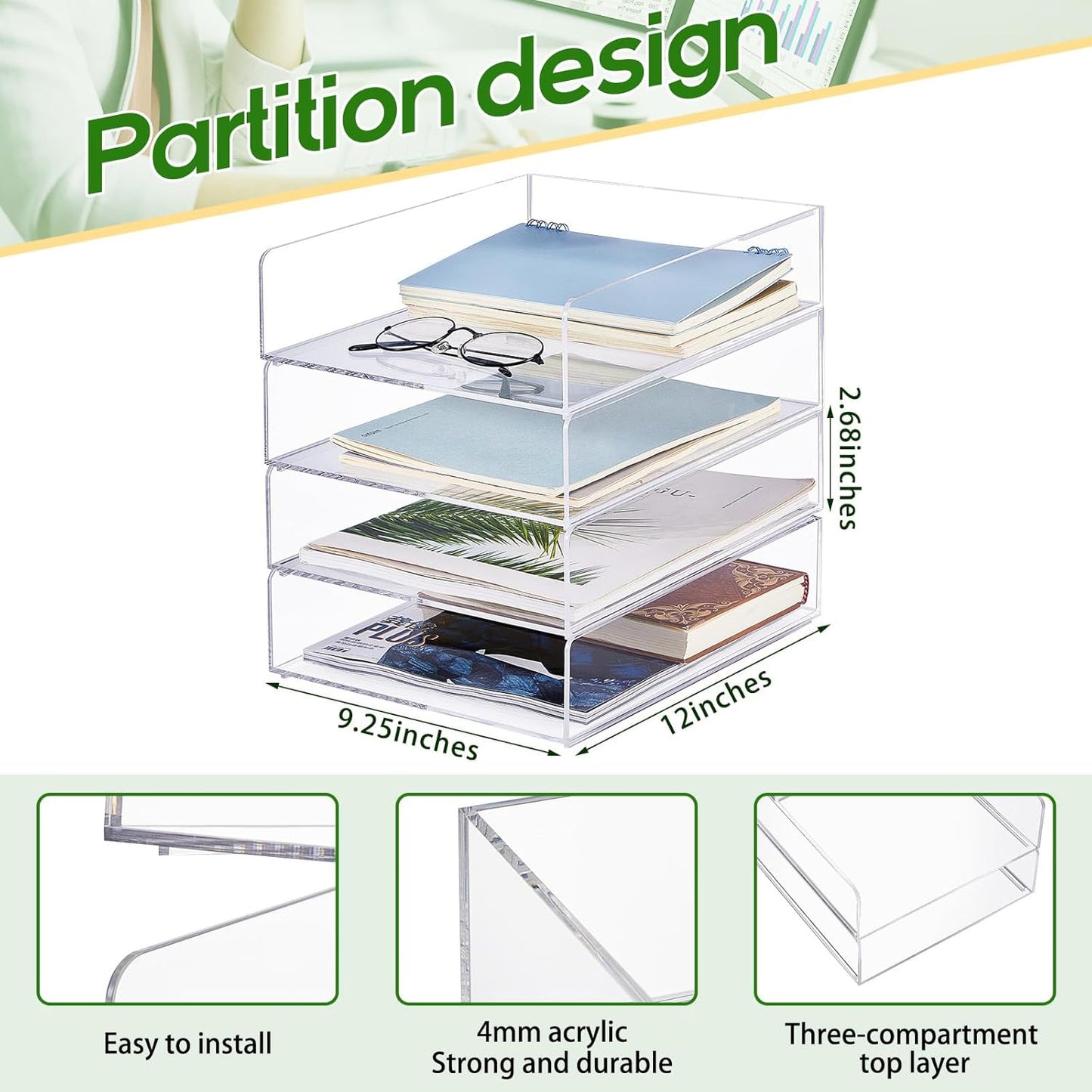 Harloon 4 Tier Acrylic Paper Tray 12 x 9.3 x 2.7 Inches Stackable Letter Clear Organizer No Need to Assemble Acrylic Paper File Organizer for Office Workspace Desktop Storage(Transparent)